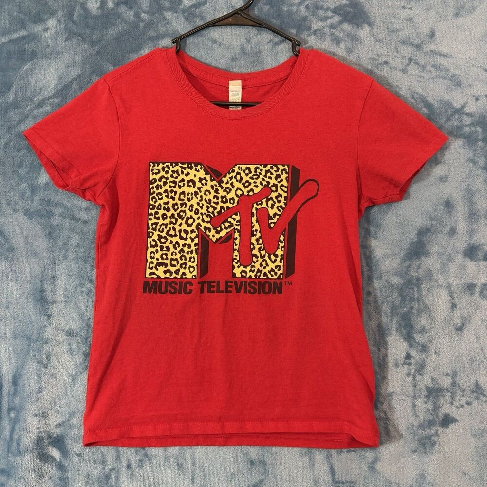 MTV Shirt Ladies Medium Red Cheetah Leopard Print Logo Graphic Tee Brisco Brands